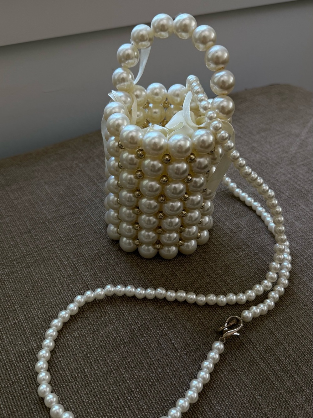 Pearl Beaded Bucket Bag - Cream Pearl Mini Handbag
